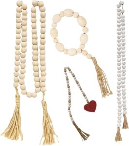 Ivory & Rustic Wood Bead Garland Set with Tassels – Pack of 4, Boho Home Decor Accents