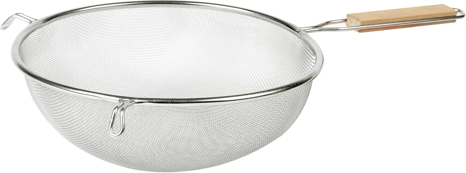 Imusa 10-Inch Stainless Steel Strainer with Wooden Handle – Fine Mesh Sieve for Draining and Sifting