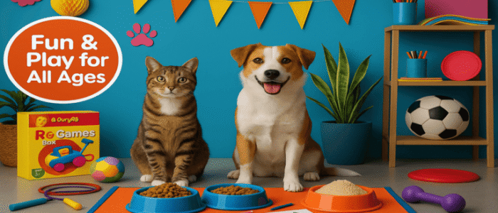 Promotional banner showcasing pet supplies, toys, and games arranged in a playful, family-friendly layout.
