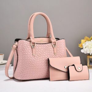 Woven Texture 3-Piece Bag Set – Large Capacity, One Shoulder, Pink - Image 1