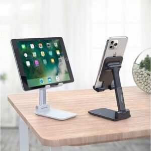 Adjustable Metal Desktop Tablet & Phone Holder Stand, Foldable Desk Mount for iPhone, iPad, and Mobile Devices - Image 3