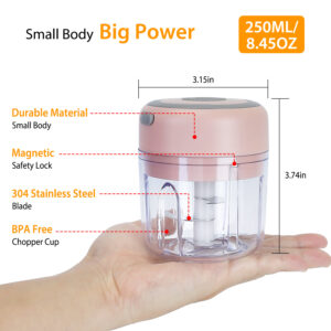 Mini Electric Garlic Chopper – 8.45oz Cordless Food Processor, Rechargeable Mincer for Garlic, Onion, Chili, Nuts & Meat - Image 4