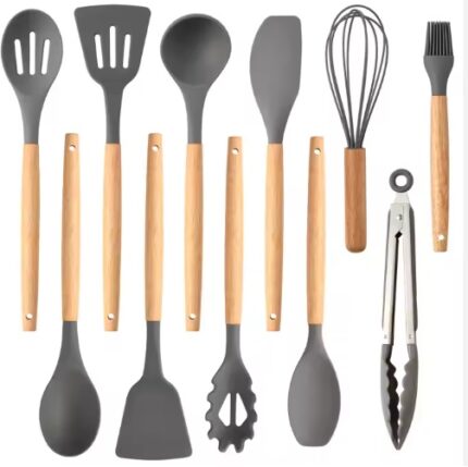 12-Piece Non-Stick Silicone Kitchen Utensil Set with Heat-Resistant Wooden Handles – Gray