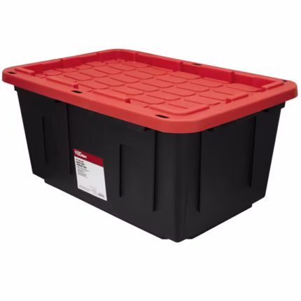 Hyper Tough 27 Gallon Large Storage Bin with Snap Lid, Black and Red, Heavy Duty Plastic Storage Container